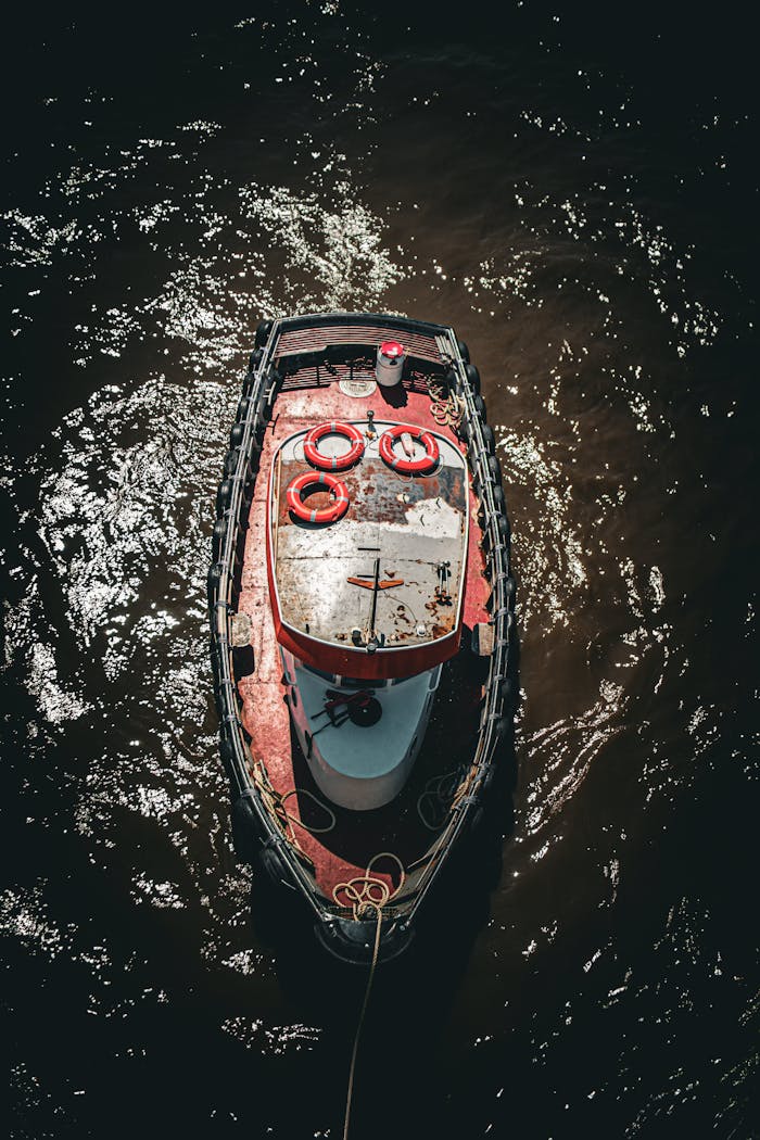 An aerial shot of a tugboat navigating the Thames River in London, England.